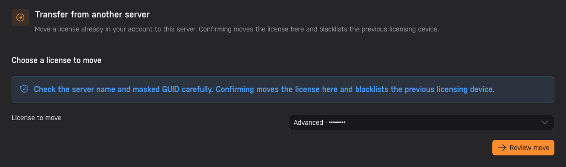 The Account app's license transfer card with a license selected and Review move available