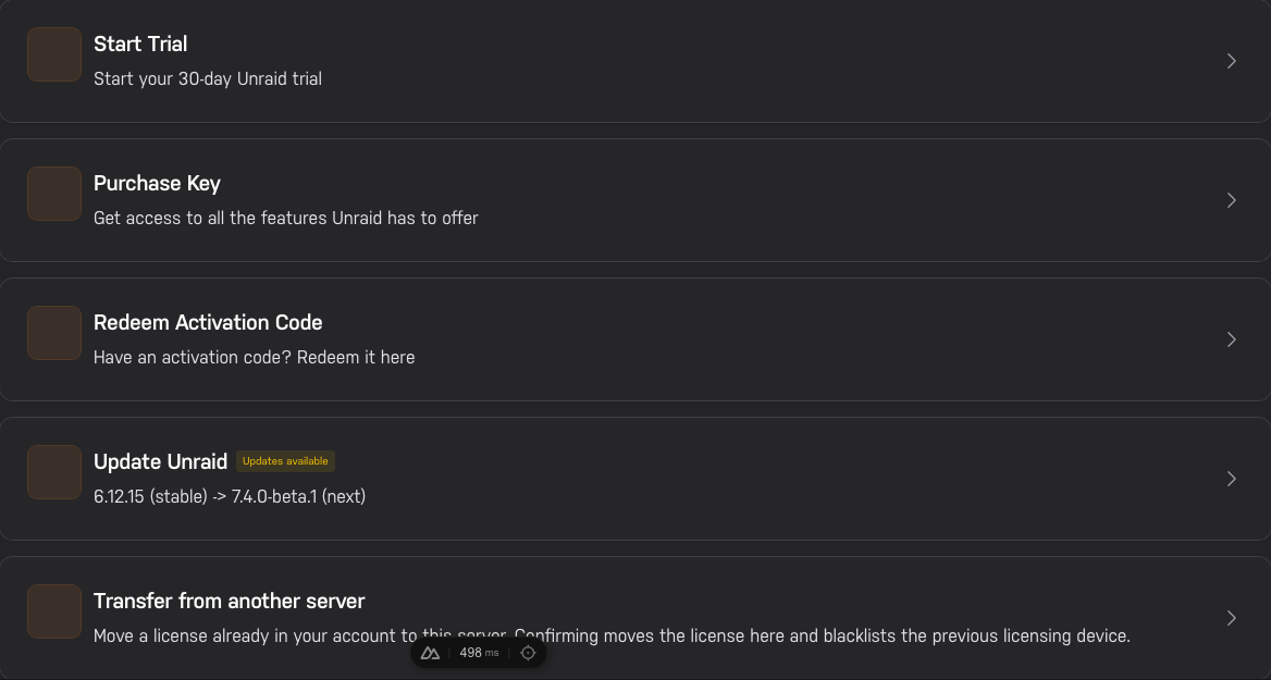 The Account app's Available actions list with Transfer from another server at the bottom