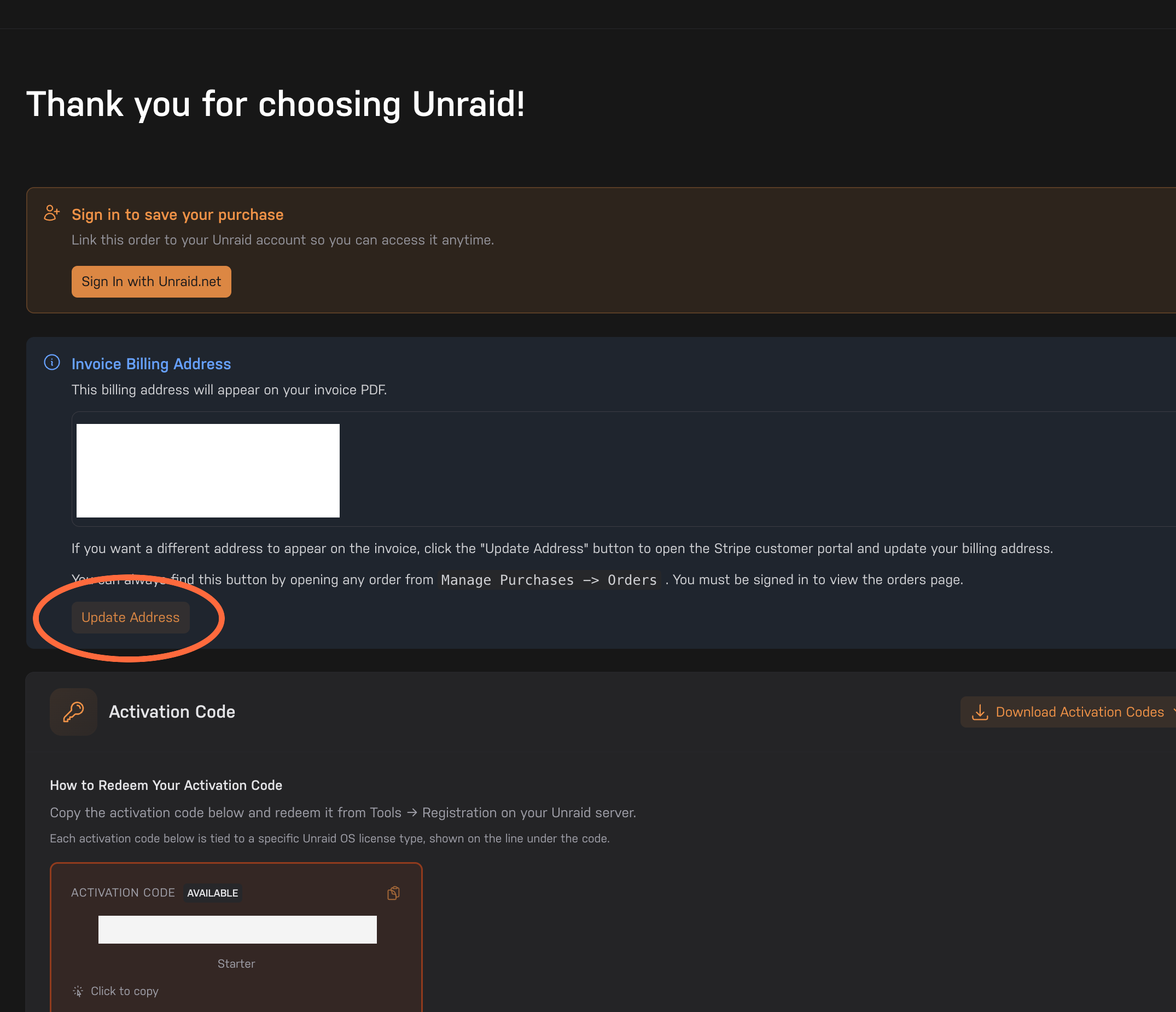 Página de confirmación del pedido con la llamada a la acción "Actualizar dirección"